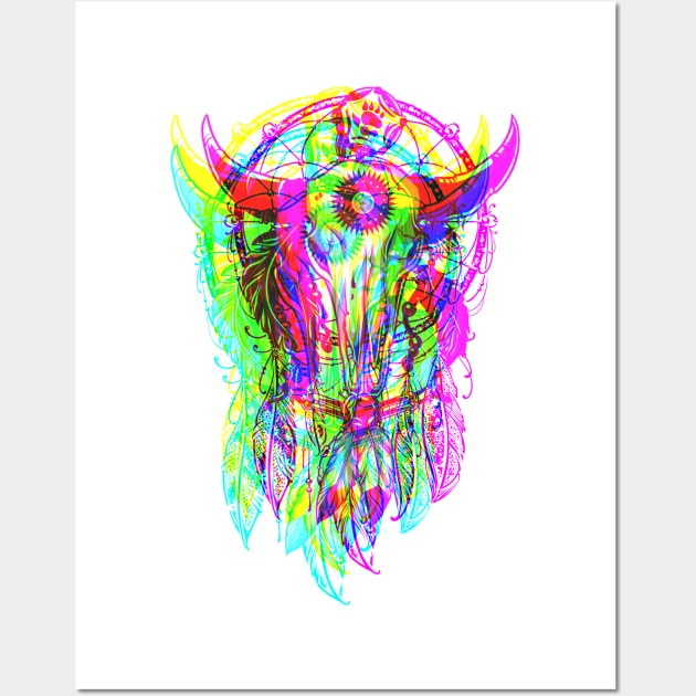Bull Skull Dreamcatcher - Psychedelic Neon Colored Wall Art by EDDArt